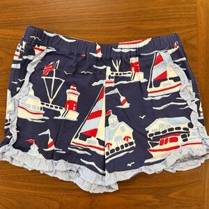 Nautical Print Ruffle Hem Girls Shorts - Navy Boats Size Large